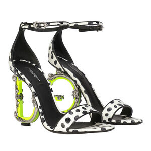 Dolce & Gabbana Keira 105 Black White Elaphe Baroque DG Logo Heel Sandal Pump 38